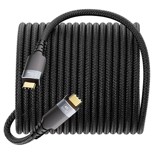 23ft Long USBC Cable,5Gbps Data Transfer,USB 60W Fast Charging,4K@60Hz Video Output,Black Nylon Braided Cable with Gold-Plated Connectors,Compatible with Laptop,Hub,Monitor,Docking Station
