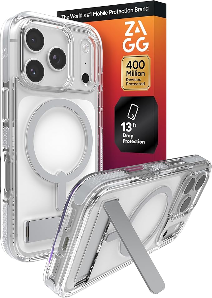 ZAGG Santa Cruz Snap Case with Kickstand for iPhone 17 Pro - Silver, Drop Protection (13ft/4m), MagSafe Charging Compatible, ClearGuard Anti-Yellowing Technology, Scratch Resistant Phone Case