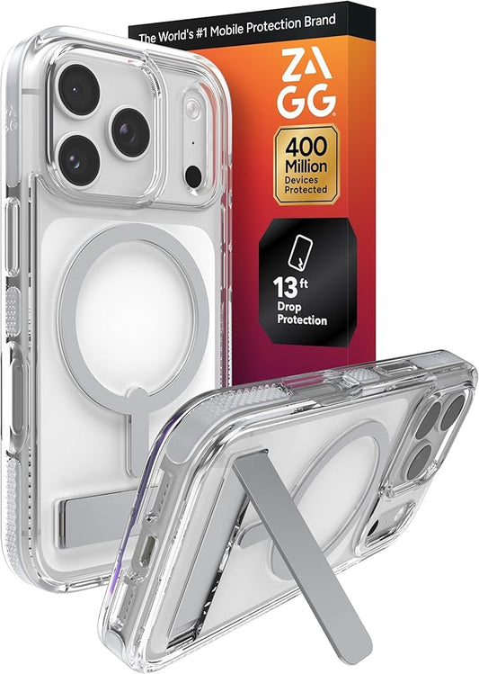 ZAGG Santa Cruz Snap Case with Kickstand for iPhone 17 Pro - Silver, Drop Protection (13ft/4m), MagSafe Charging Compatible, ClearGuard Anti-Yellowing Technology, Scratch Resistant Phone Case