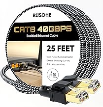 BUSOHE Cat 8 Ethernet Cable 25 FT, High Speed 40Gbps 2000Mhz Braided Network Internet Cable with Gold Plated RJ45 Connector, Heavy Duty LAN Cable S/FTP UV Resistant for Router/Gaming/PC, 15 Clips