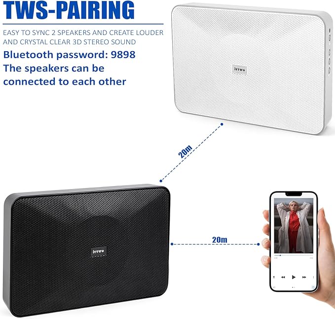 Bluetooth Speaker White 60W, with AUX3.5mm/USB Port for PC and TV, Speaker Can be Hung on The Wall, Suitable for Small Stores (Bluetooth Code/Pin:9898)