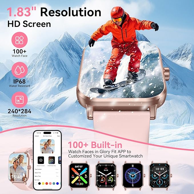 Smart Watch for Men/Women Android & iOS, 1.83" HD Touch Screen Fitness Watch with Stable Bluetooth Calling, 5 ATM Waterproof Fitness Tracker with 130+ Sports Modes, Heart Rate/Sleep Monitor (Pink)