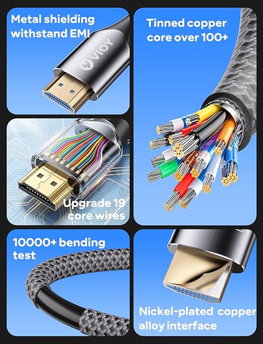 VIOY HDMI Cable 2.1 6.6 FT, 8K@60HZ 4K 120HZ HDMI Cord, (HDCP 2.2&2.3, Dynamic HDR) 480Gbps Ultra High Speed HDMI eARC Cable for Soundbar, TV, PS5/PS4, Monitor, Xbox, Projector