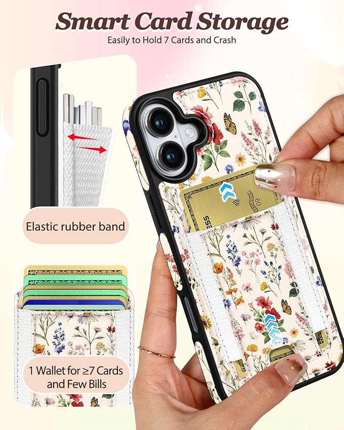 Shorogyt for iPhone 17 Wallet Case - Fits 5 Cards, Compatible with Magsafe Detachable Magnetic Credit Card Holder Leather Cardholder Cute Phone Cover Women Girls for Apple 17, Floral