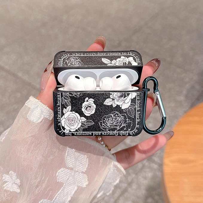 for AirPod Pro 3 Case 2025 for Women Girls Cute Retro Flower Design with Keychain PU Leather Squre Shockproof Protective Cover Compatible with AirPods Pro 3rd Gen Case (Rose Black)