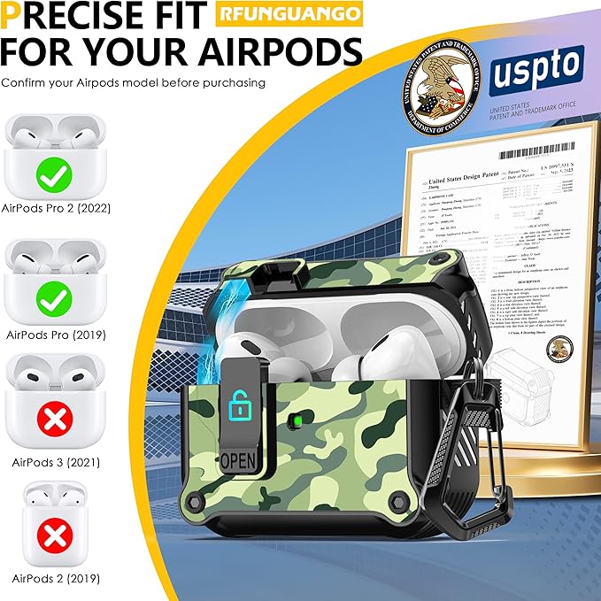 RFUNGUANGO for AirPods Pro 2nd/1st Generation Case Cover with Secure Lock Clip,Automatic Pop-up Case Full-Body Shockproof Hard Protective Cover for AirPodsPro2Case(2023/2022/2019)rainforest camouflage