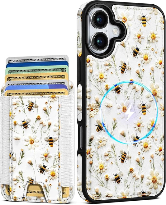 Shorogyt for iPhone 17 Wallet Case - Fits 5 Cards, Compatible with Magsafe Detachable Magnetic Credit Card Holder Leather Cardholder Cute Phone Cover Women Girls for Apple 17, Bee Flower