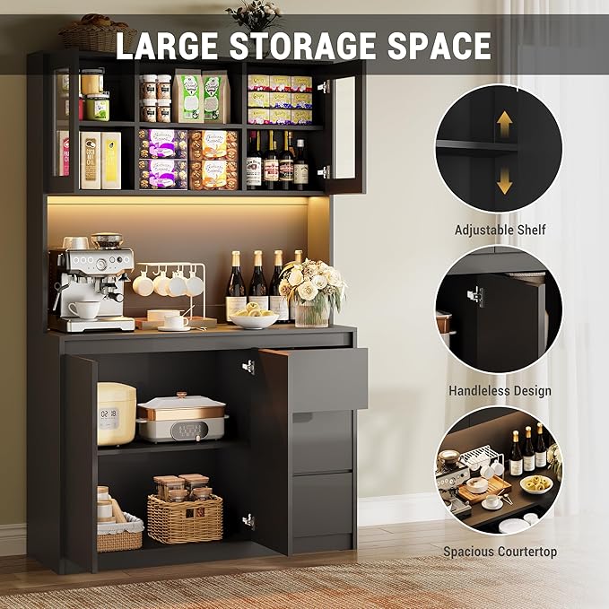 Garvee Kitchen Pantry Cabinet,71 in Tall Storage Cabinet with Doors and Shelves Adjustable, Kitchen Storage Hutch with Microwave Shelf, Led Lights and Charging Station,Corner Pantry Cabinet, Black