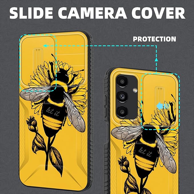 for Galaxy A16 5G Case Built in Slide Camera Lens Cover,Heavy Duty Shockproof Protection Dual Layer Case for Samsung Galaxy A16 5G 6.7" 2024,Honeybee Flower