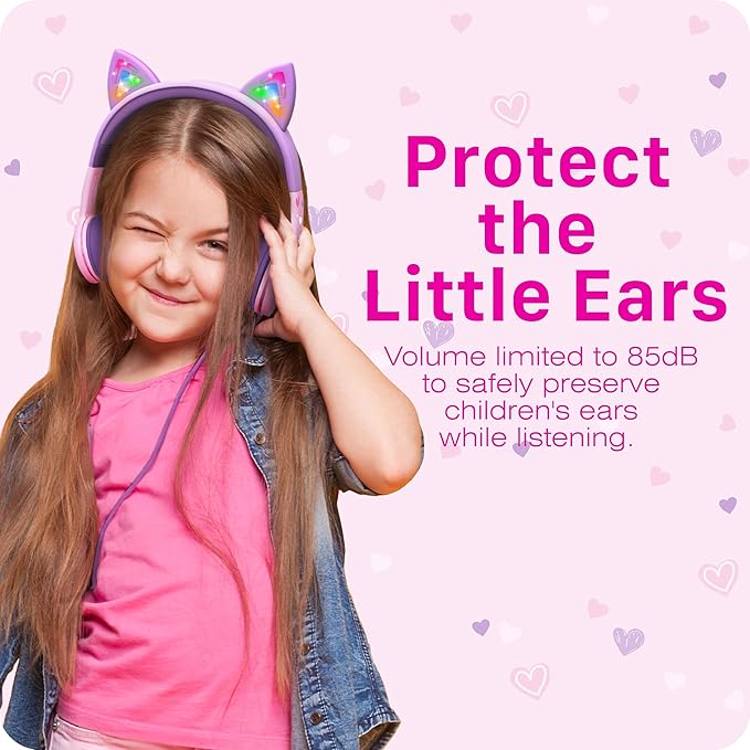 FosPower Kids Headphones with LED Cat Ears (85dB Safe Volume Limit), 3.5mm Soft On-Ear Wired Headphones with Tangle-Free Laced Cables for iPad/Tablet/School/Travel - Baby Pink/Lavender