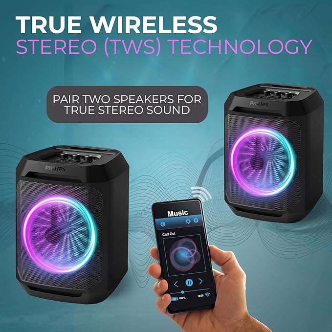 Philips Bluetooth Party Speaker, Dynamic Bass Boost, Bluetooth and Aux-in, Microphone Input, Wireless Pairing for Stereo Sound, Up to 7 Hours Battery, Built-in Carry Handle (Party Speaker 2208-4)