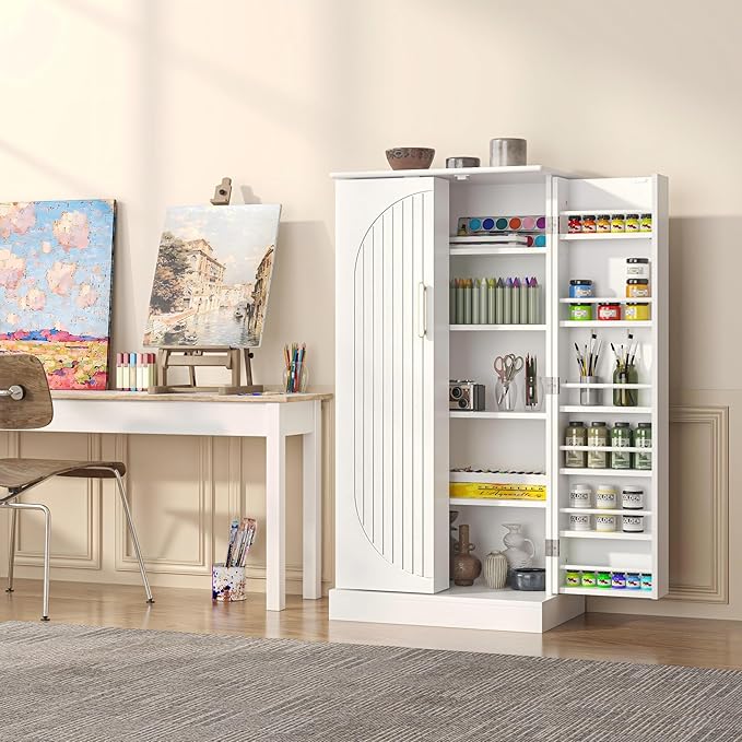 47" Tall Kitchen Pantry Cabinet, Snow-White Pantry Storage Cabinet with Adjustable Shelves, Barn Doors and Drawer Farmhouse Cupboard for Kitchen, Dining Room, Bathroom (16" D x 24" W x 47")