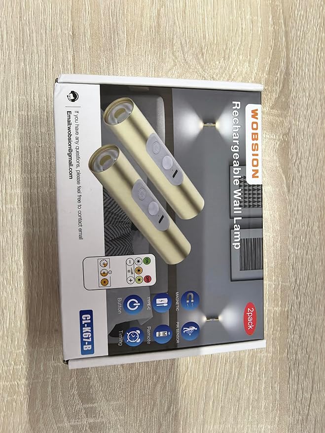 WOBSION Motion Sensor Wall Light with Remote Control, Rechargeable Wireless Wall Sconce, Brightness Adjustable, 3 Color Mode,Indoor Lamp for Hallway, Bedroom,Picture,LED,Gold,2 Pack