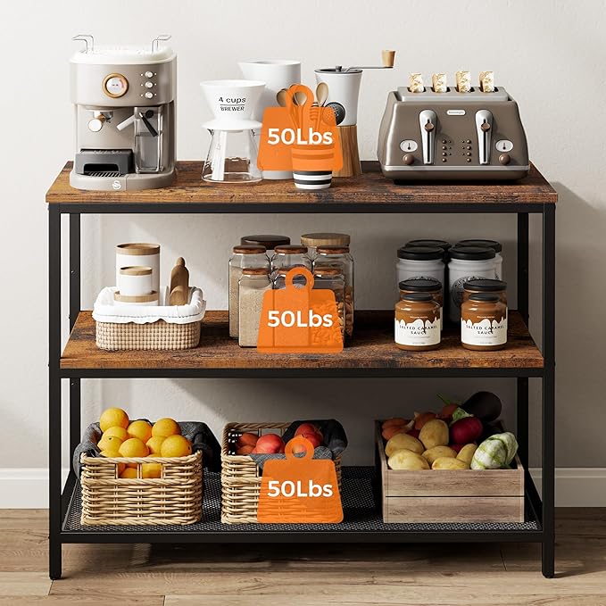 39.4" L Kitchen Island with 3 Shelves, Kitchen Shelf with Large Workstation, Bakers Rack, Workbench, Metal Frame, Rustic Brown and Black