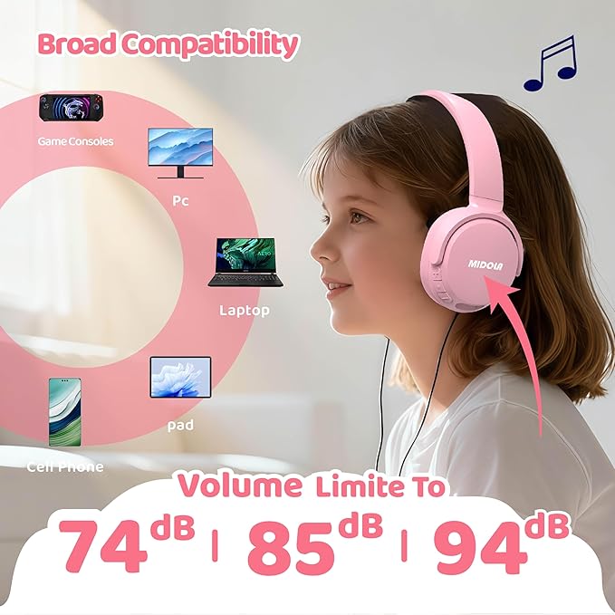 MIDOLA Headphones for Kids Bluetooth 5.4 Wireless 68H Play Time Volume Limit 85/94dB Over-Ear Foldable Headset,with Mic Wired Aux for Toddler Child Boy Girl School Pad Tablet Pink