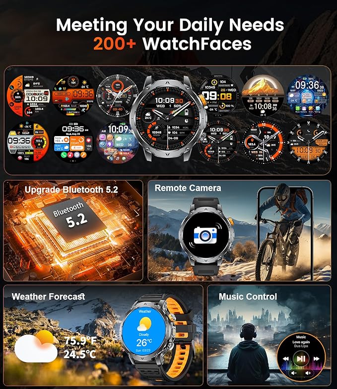 LIGE Smart Watch for Men with Flashlight,1.7" Smartwatch with 100+ Sports Modes,1000mAH,Health Tracker,IP68 Waterproof, Smart Watch for Android iOS Black 3 Straps 2 Chagers