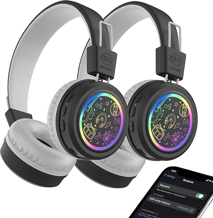 MEE audio KidJamz Share Bluetooth Headphones for Kids with LED Lights, 85dB Volume Limiter, Microphone, 40h Battery; Childrens Headset for School/iPhone/iPad/Tablet (Model: KJ55BT-S, 2-Pack)