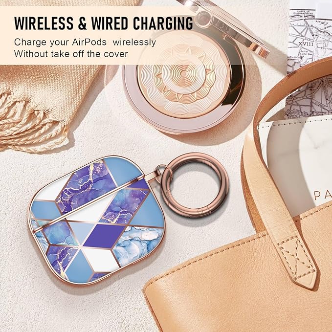 Maxjoy Graceful Marble Hard Protective Shockproof AirPods 3 Case Cover with Keychain, Compatible with Apple AirPods 3rd Generation Charging Case, Blue White