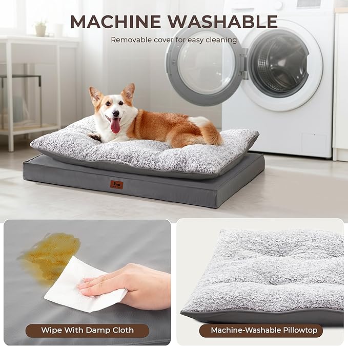 Washable Dog Bed for Medium Large Size Dog, Plush Pillow Pet Bed with Leather Egg-Crate Foam Base, Waterproof Kennel Bed with Removable Cover, 36" x 27" Comfort Cushion Bed, Dark Grey