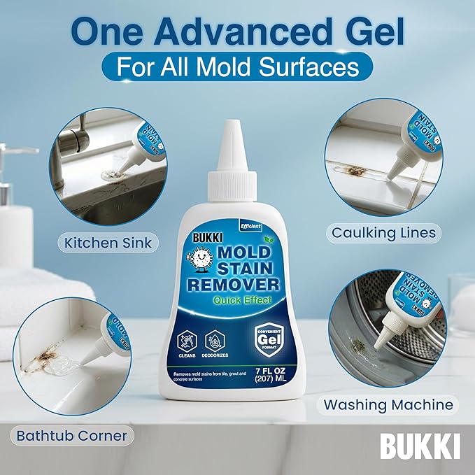 BUKKI Mold Stain Remover Gel 7 FL OZ (150 g), Heavy Duty Thick Cleaning Gel for Shower Grout, Washer Seals, Caulking, Bathrooms, Sinks, Concrete. Stain Cleaner Surface Gel