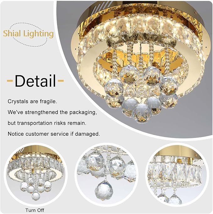 Dia 12" Mini Chandelier Flush Mount Chandelier for Hallway, Crystal Ceiling Chandeliers for Dining Room, Bedroom, Living Room, Entryway, Kitchen (Gold Ceiling Light Fixture)