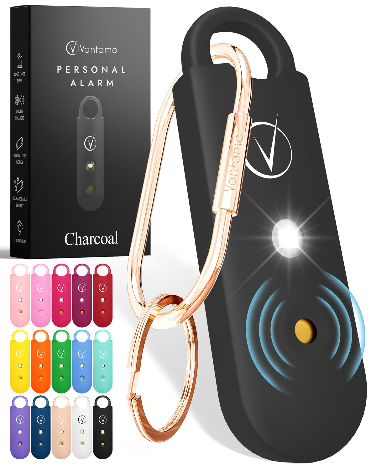 Vantamo Personal Alarm for Self Defense with Low Battery Notice, Strobe Light & Extra Loud 130 dB Double Speakers Safety Keychain Set for Women, Rechargeable Panic Button for Womens Self Defense