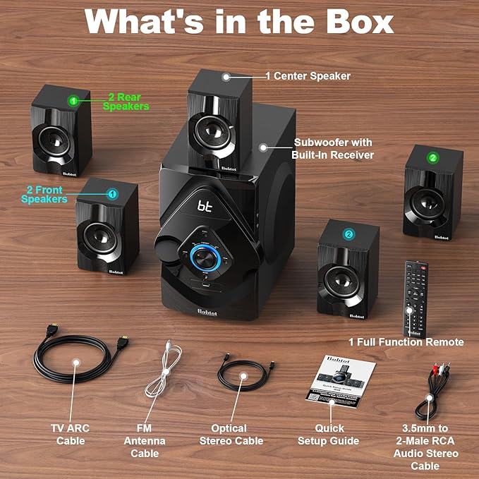 Bobtot Home Theater System Wireless Rear Satellite Speakers 800W 6.5 inch Subwoofer 5.1/2.1 Channel Surround Sound Systems with ARC Optical Bluetooth Input