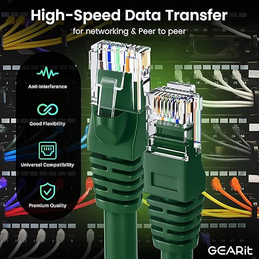 GEARit Cat 6 Ethernet Cable (24-Pack 3 Feet) Cat6 Network Patch, 10Gbps, RJ45, Snagless Cord, Gold-Plated Connectors, Internet for PC, TV, Tablet, Router, Printer, Servers, IT Data Center - Green