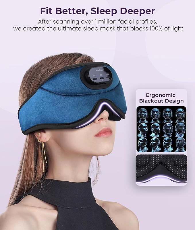 MUSICOZY 3D Bluetooth Sleep Mask with Headphones and Timer, Wireless Sleep Headphones for Side Sleepers, Eye Mask with Bluetooth Headphone, 2 Packs
