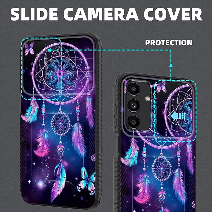 for Galaxy A15 5G Case Built in Slide Camera Lens Cover,Heavy Duty Shockproof Protection Dual Layer Case for Samsung Galaxy A15 5G 6.5 inch 2024,Butterfly Dream Catcher
