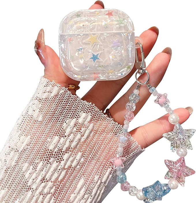 for AirPod 4 Case Cute Dream Shell Pearl Shockproof Protective Cover with Strap Keychain Compatible for AirPods 4th Generation for Women Girls (Colored Stars)