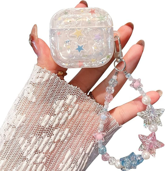 for AirPod 4 Case Cute Dream Shell Pearl Shockproof Protective Cover with Strap Keychain Compatible for AirPods 4th Generation for Women Girls (Colored Stars)
