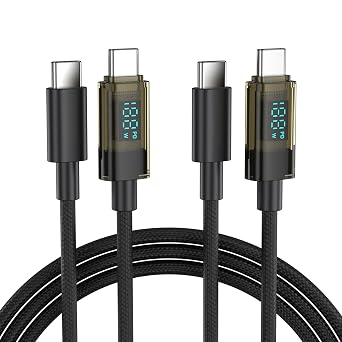BENFEI 100W USB C to USB C Cable with LED Display [2-Pack 3.3 Feet], USB C Transparent Fast Charging Cable for iPhone 17/16/15 Pro Max/Plus, iPad, MacBook, Samsung Galaxy S25/S24/S23, Google Pixel