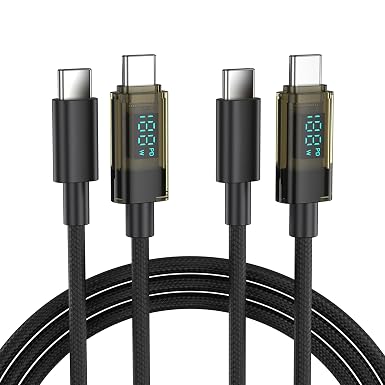 BENFEI 100W USB C to USB C Cable with LED Display [2-Pack 3.3 Feet], USB C Transparent Fast Charging Cable for iPhone 17/16/15 Pro Max/Plus, iPad, MacBook, Samsung Galaxy S25/S24/S23, Google Pixel