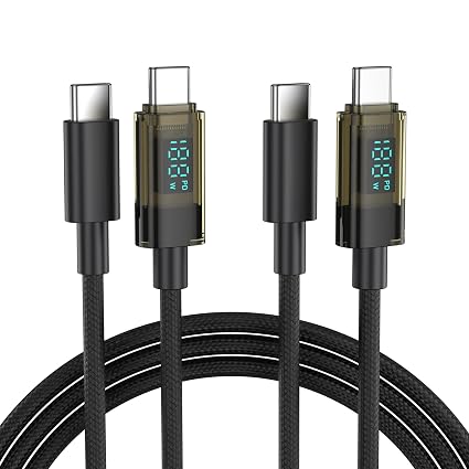 BENFEI 100W USB C to USB C Cable with LED Display [2-Pack 3.3 Feet], USB C Transparent Fast Charging Cable for iPhone 17/16/15 Pro Max/Plus, iPad, MacBook, Samsung Galaxy S25/S24/S23, Google Pixel
