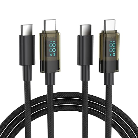 BENFEI 100W USB C to USB C Cable with LED Display [2-Pack 3.3 Feet], USB C Transparent Fast Charging Cable for iPhone 17/16/15 Pro Max/Plus, iPad, MacBook, Samsung Galaxy S25/S24/S23, Google Pixel