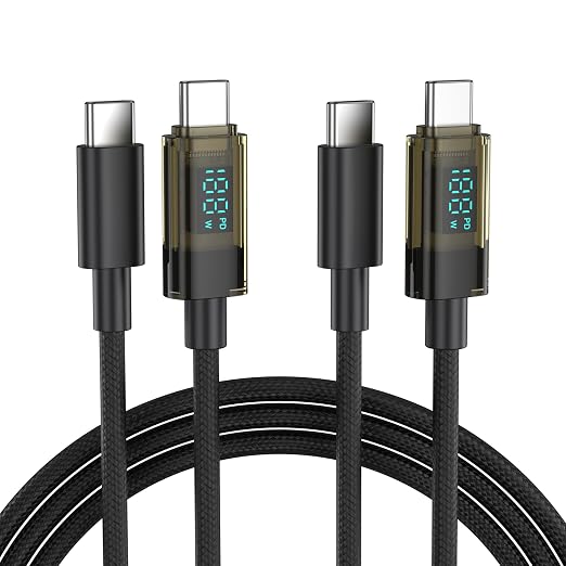 BENFEI 100W USB C to USB C Cable with LED Display [2-Pack 3.3 Feet], USB C Transparent Fast Charging Cable for iPhone 17/16/15 Pro Max/Plus, iPad, MacBook, Samsung Galaxy S25/S24/S23, Google Pixel