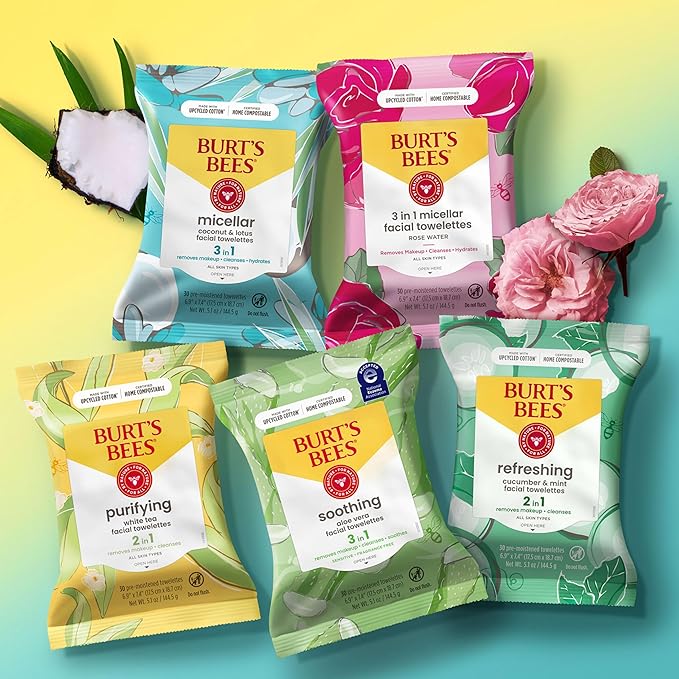 Burt's Bees Stocking Stuffers, Purifying Facial Towelettes Christmas Gifts With White Tea, Gentle Face Cleanser Pre-Moistened Towelettes, Makeup Remover Wipes, 30 ct. Package (3-Pack)