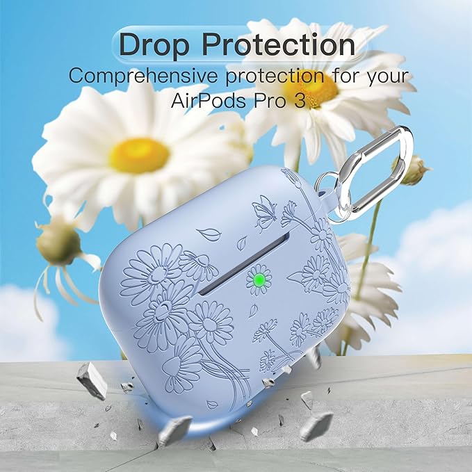 for AirPods Pro 3 Case (2025) DamonLight Daisy Floral Engraved Shockproof Protective Soft Silicone Case Cover with Cleaning Pen and Keychain for Apple Airpods Pro 3rd Generation (Blue)