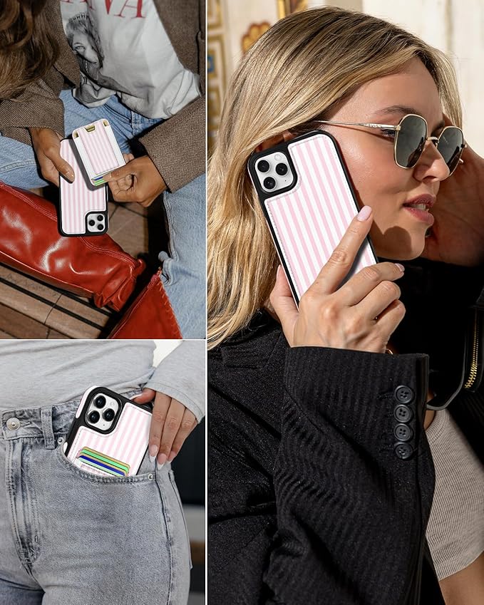Shorogyt for iPhone 11 Pro Case Wallet - Fits 5 Cards, Compatible with Magsafe Detachable Magnetic Credit Card Holder Leather Cardholder Cute Phone Cover Women Girls for Apple 11Pro, Striped