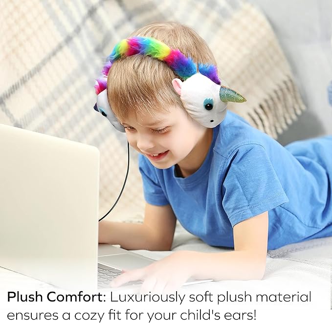 Coby Zooland Wired Plush Kids’ Headphones, Portable Over-Ear Headphones with 3.5mm Jack and Built-in Splitter, Volume Limit at 85 dBs, Built-in Microphone, Adjustable Headband, Unicorn Sparkle