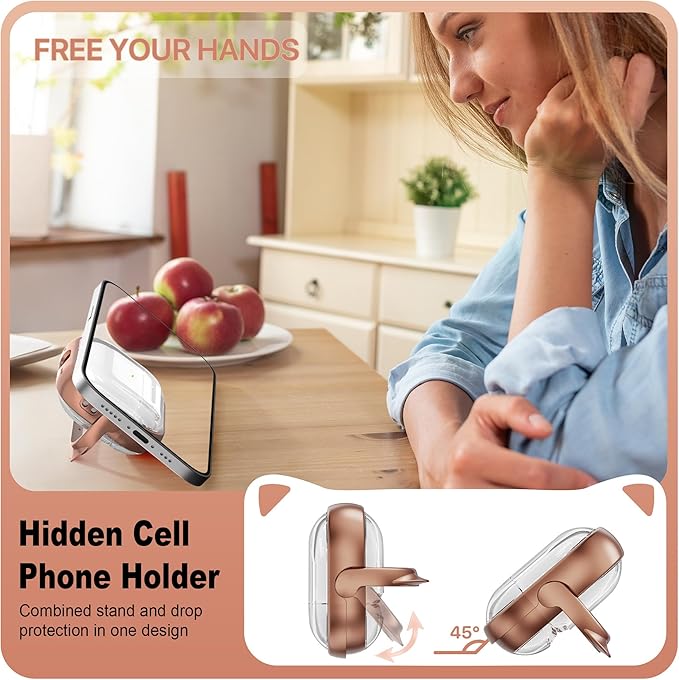 RFUNGUANGO AirPods Pro Case for Women Girly Cat Case with Lock, Phone Stand, Keychain & Cleaner Kit, Compatible with Apple Airpods Pro 2nd/1st Generation Case Cover, Transparent Gold