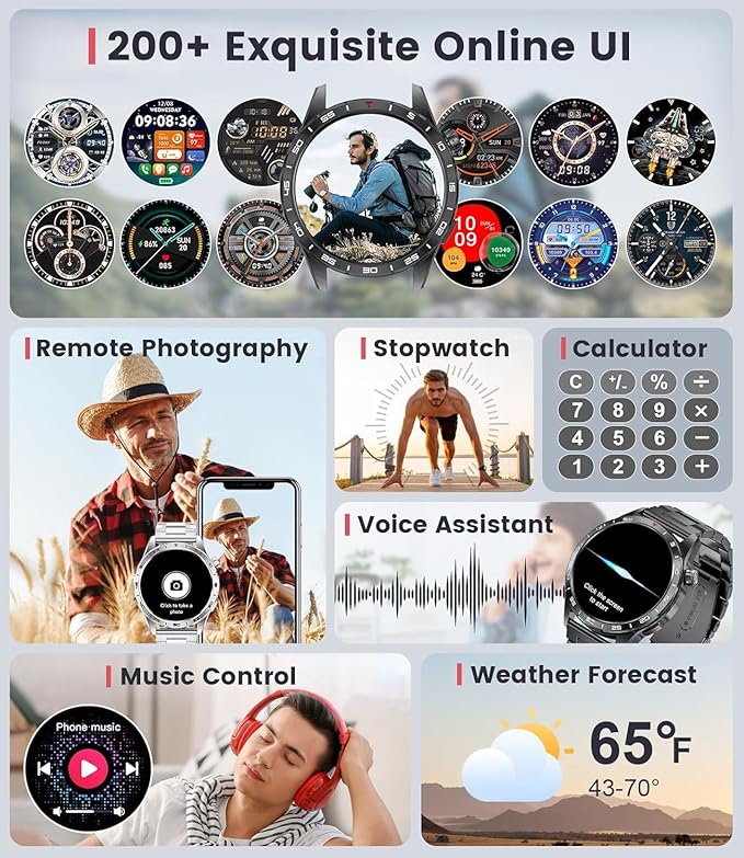 Smart Watch for Men (3 Straps),Answer/Make Calls,1.43'' AMOLED,IP68 Waterproof,110+ Sports Modes Fitness Watch with Sleep Monitor/SpO2/Heart Rate/Pedometer Rugged Smart watch for Android/iOS Silver