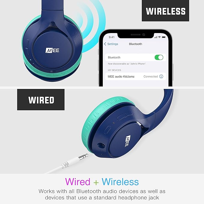 MEE Audio KidJamz KJ45BT Children's Safe Listening Bluetooth Wireless Headphones with Volume Limiter & Microphone, Adjustable On-Ear Kids Headset for Online Learning/School/Travel/Tablet (Blue/Teal)