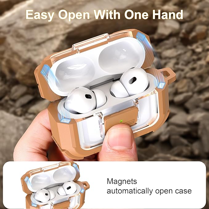 RFUNGUANGO for AirPods Pro 2 Case, Compatible with AirPods Pro 2nd/1st Generation Case, Compatible with MagSafe, Magnetic Automatic Lock with Cleaner Kit and Keychain, Front LED Visible, Brown