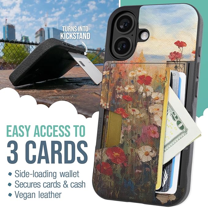 Smartish® iPhone 16 Wallet Case - Wallet Slayer Vol. 2 [Slim + Protective] Credit Card Holder w/Kickstand - Drop Tested Hidden Card Slot Cover Compatible w/Apple iPhone 16 - Wildflower Fields