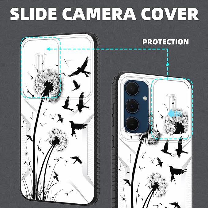 for Galaxy A35 5G Case Built in Slide Camera Lens Cover,Heavy Duty Shockproof Protection Dual Layer Case for Samsung Galaxy A35 5G 6.6 inch 2024,Dandelions and Birds
