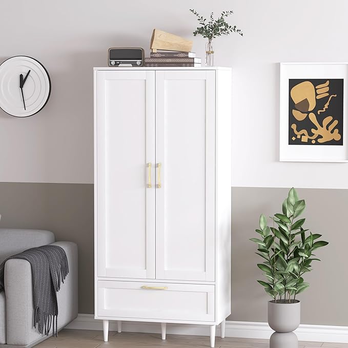 60" Tall Wooden Storage Cabinet with Adjustable Shelves, Large Capacity Freestanding Pantry Cabinet for Living Room, Kitchen, and Dining Room,White