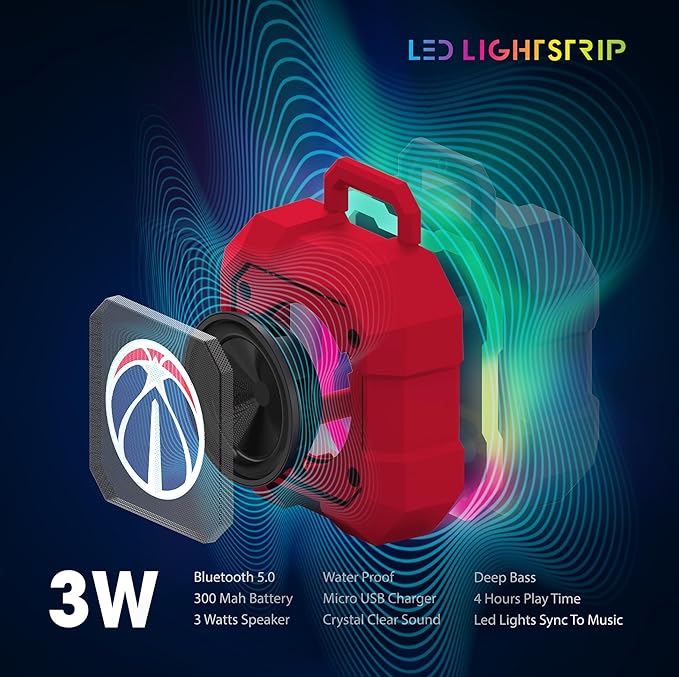 SOAR NBA Shockbox LED Wireless Bluetooth Speaker - Water Resistant IPX4, 5.0 Bluetooth with Over 5 Hours of Play Time - Small Portable Speaker - Officially Licensed NBA, Perfect Home & Outdoor Speaker