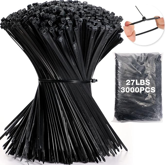 3000 Pieces Cable Zip Ties Bulk Heavy Duty Cable Ties Nylon Tie Wraps Self Locking Wire Ties for Plants Gardening Farming Grid Wall Fence Indoor and Outdoor(Black, 8" (27lb))